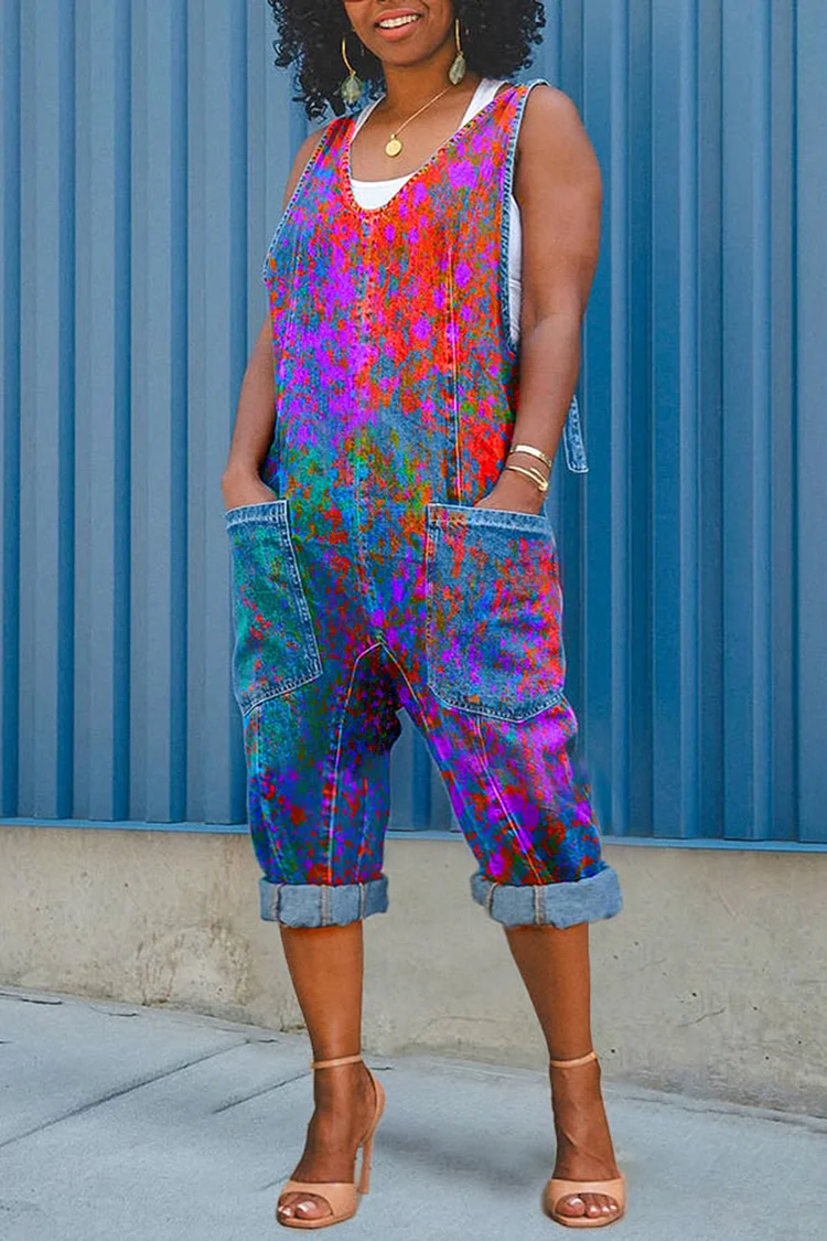 Plus Size Daily Blue Casual Tie Dye V Neck Pocket Denim Jumpsuits [Pre-Order] 2024 - Xpluswear