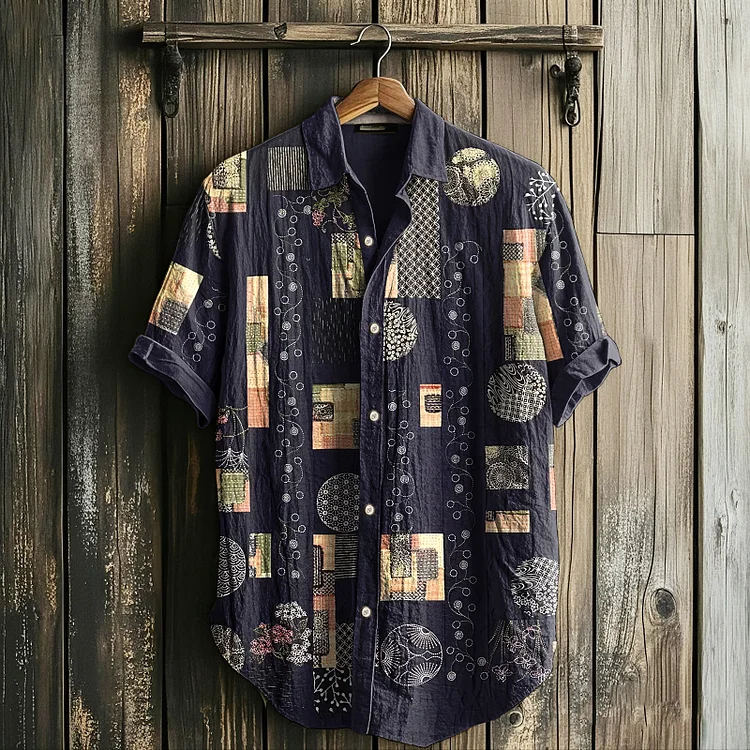 Men's Retro Floral Geometry Art Linen Casual Shirt