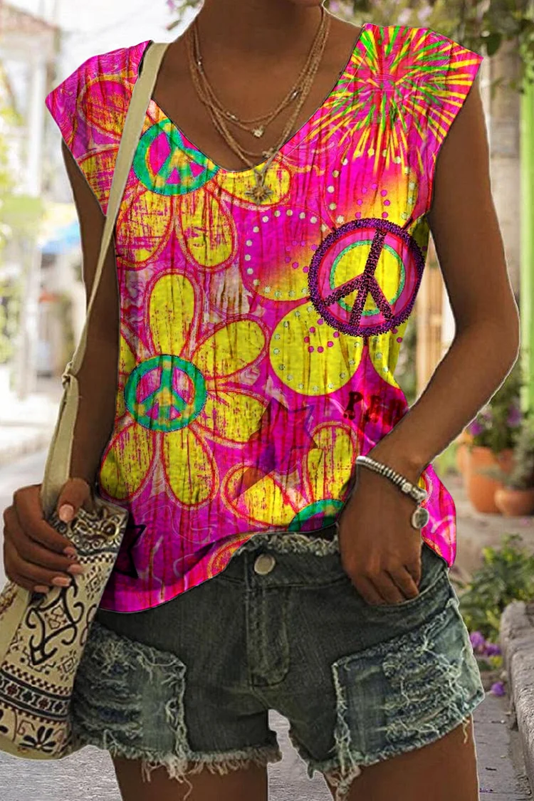 🔥kukelife🔥Hippie Art Love Peace Symbol Floral Print V-Neck Tank Top