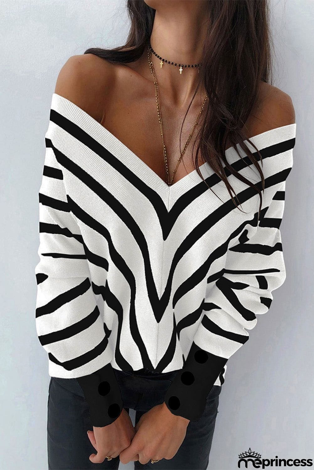 Khaki V Neck Popper Cuff Striped Casual Sweater