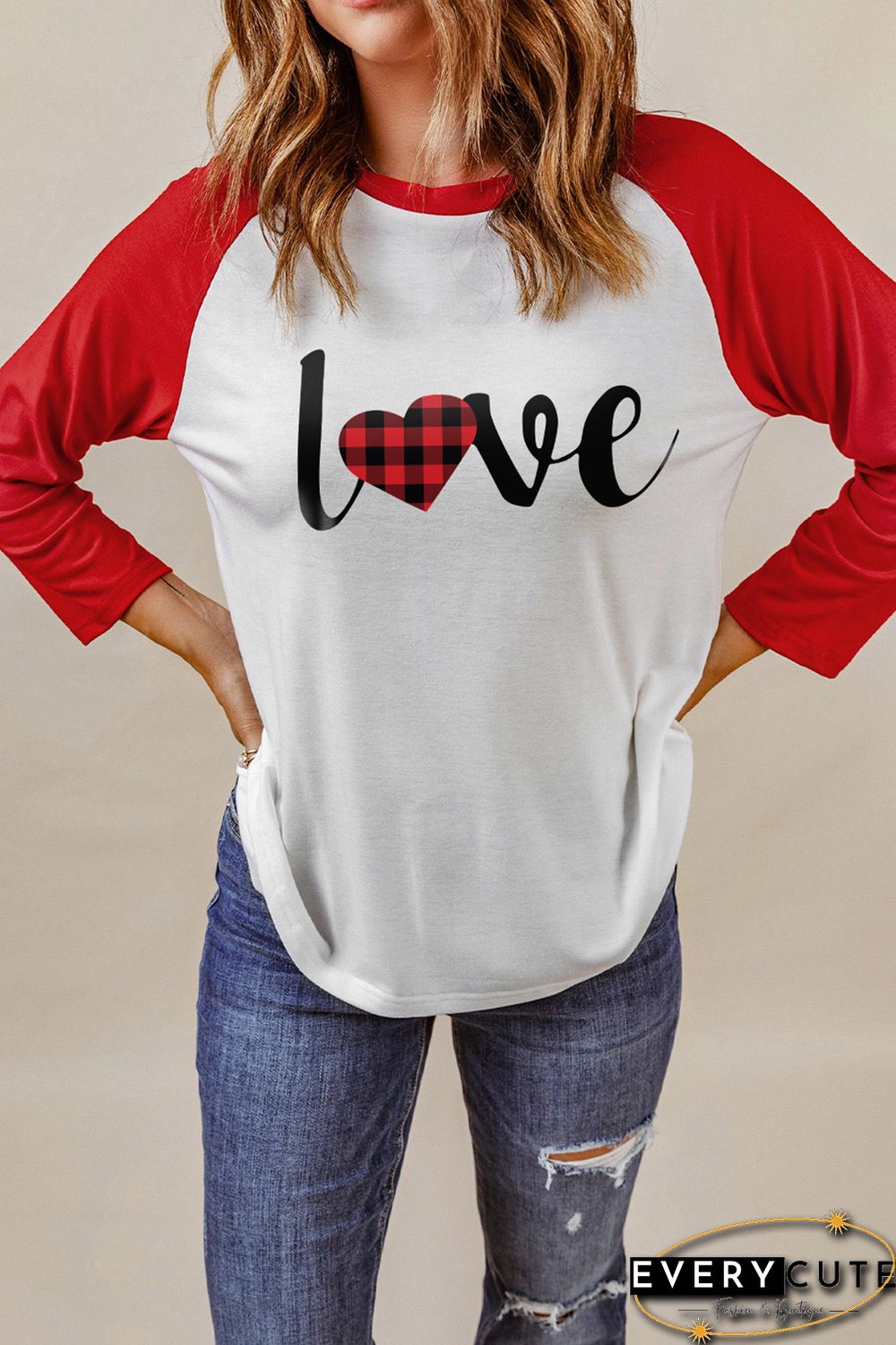 Red Love Plaid Heart Color Block 3/4 Sleeve Top