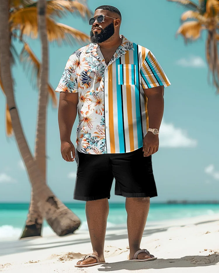 Men's Plus Size Hawaiian Floral Stripe Printed Pocket Shirt Shorts Suit