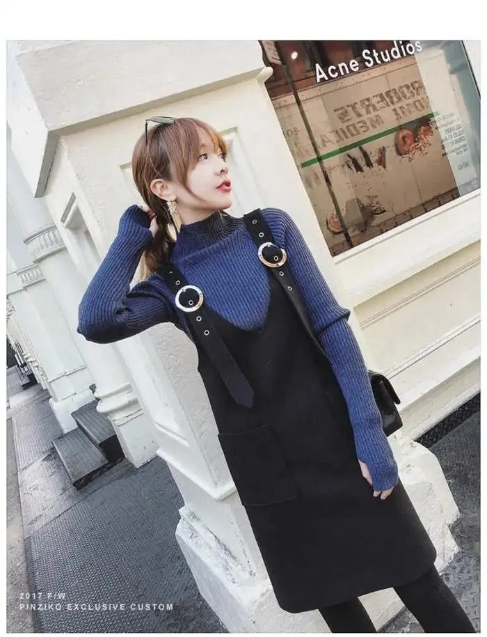 Women Vest Dress V-neck Strap Dress Autumn Winter Elegant Sleeveless Solid Dress Female Fashion Casual Woolen Dresses Vestidos