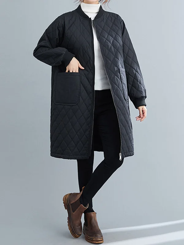 Long Sleeves Loose Pockets Quilted Solid Color Zipper Stand Collar Padded Coat