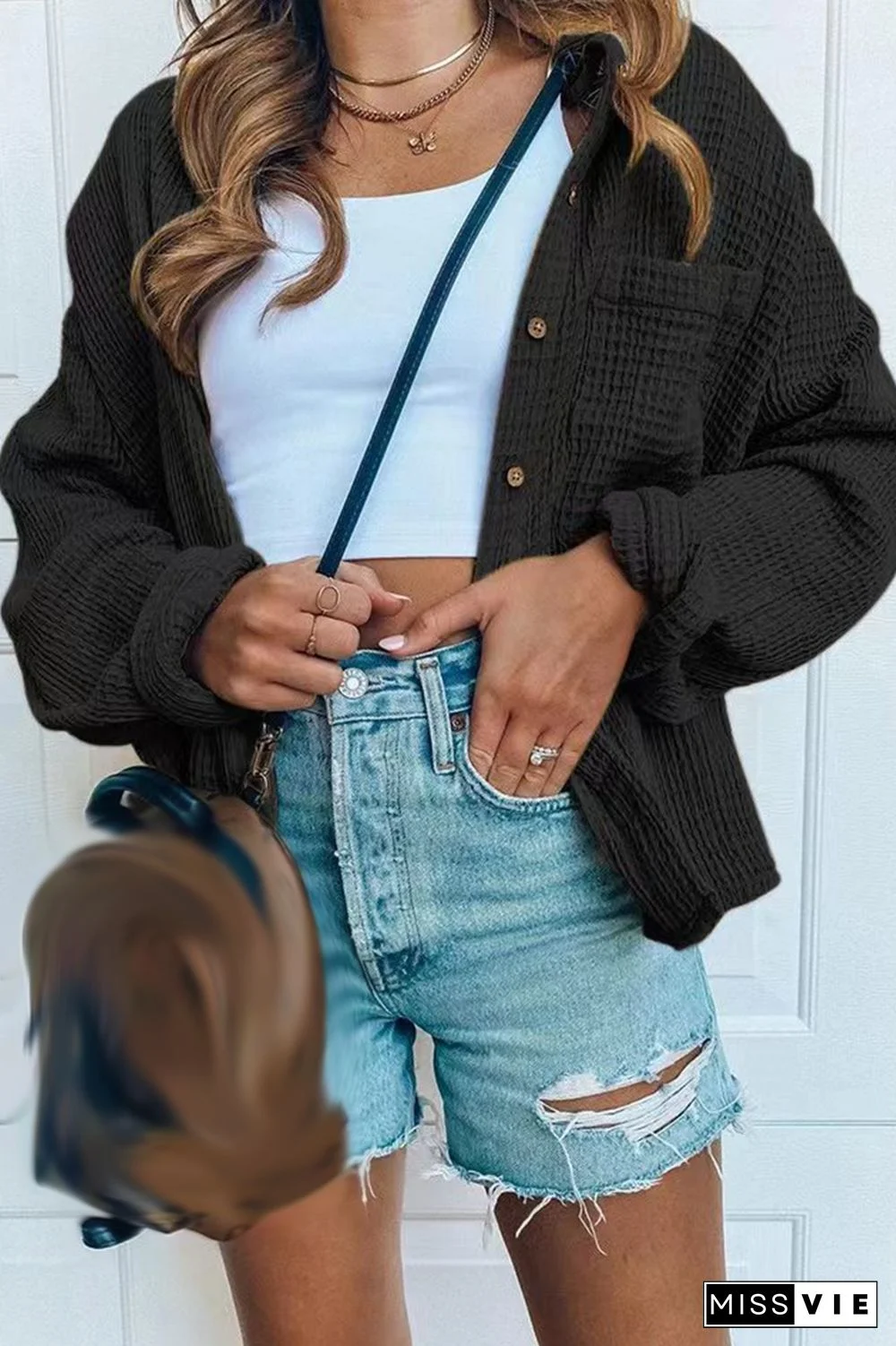 Casual Solid Patchwork Turndown Collar Tops