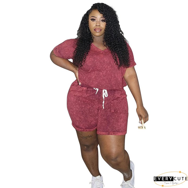 Plus Size Women Print Stretch Short Sleeve Top and Shorts Casual Two Piece Set