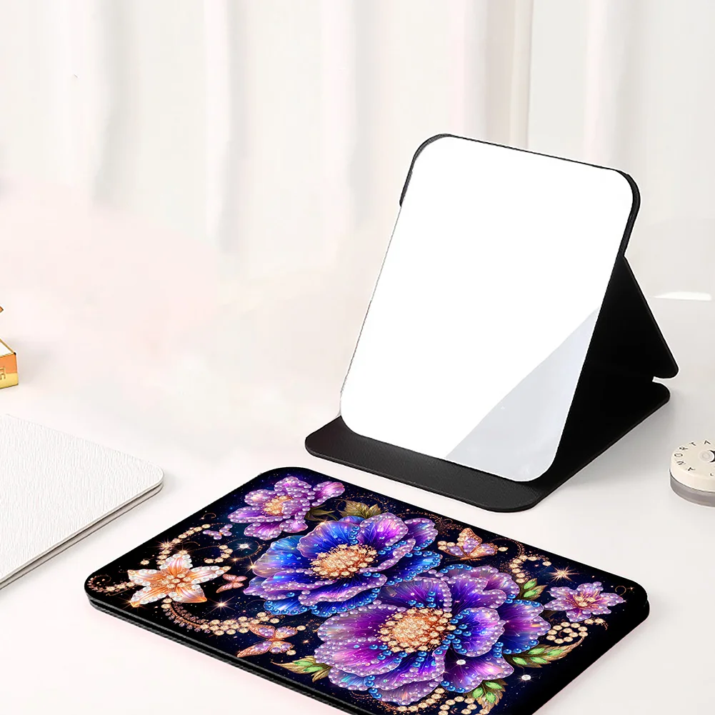 DIY Diamond Art Shiny Crystal Mirror Lightweight Standing Makeup Mirror (Flower)