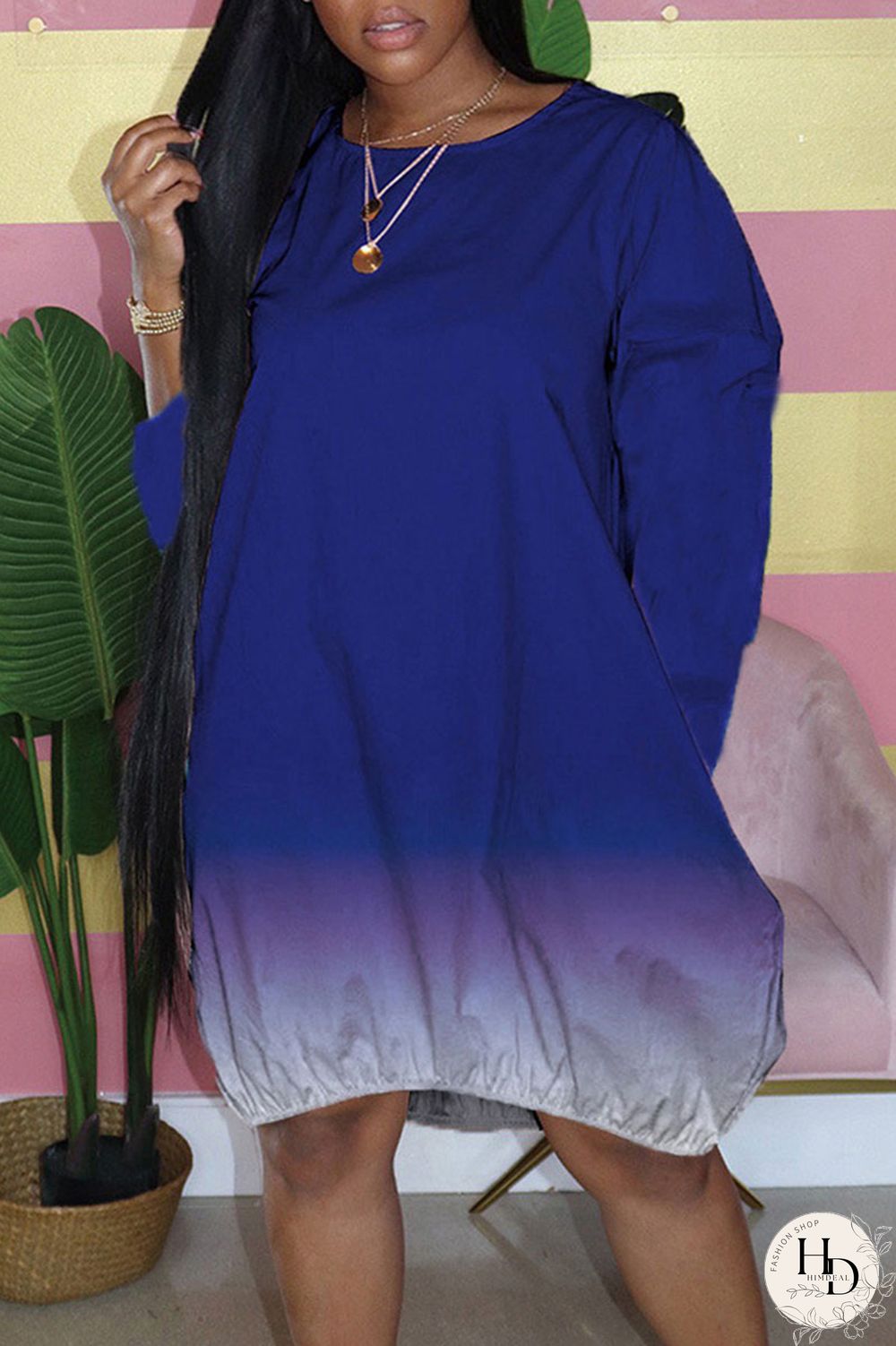 Tibetan Blue Casual Gradual Change Print Patchwork O Neck Dresses