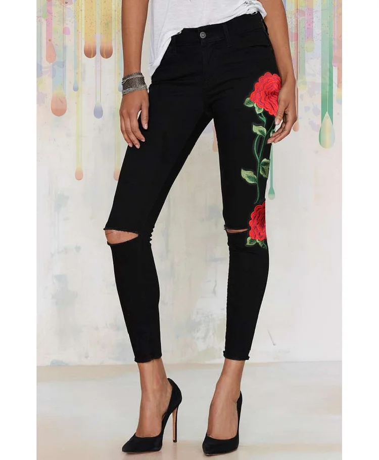 Rose Embroidery Ripped Jeans For Women Plus Size 3XL Skinny Jeans Women Black Pants Vintage Denim Pants