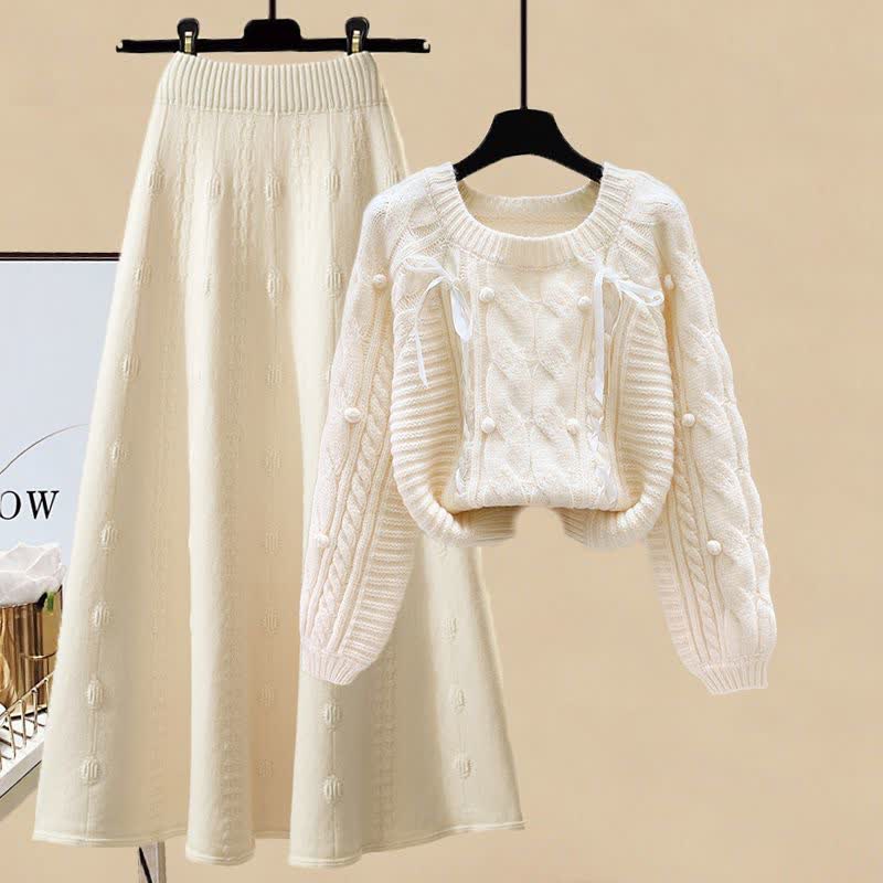 Pills Decor Cable Knit Sweater Skirt Two Piece Set