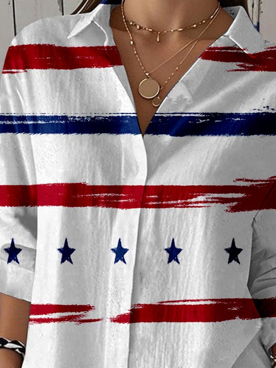 Women 3/4 Sleeve Shirt Collar National Flag Striped Printed Graphic Button Tops