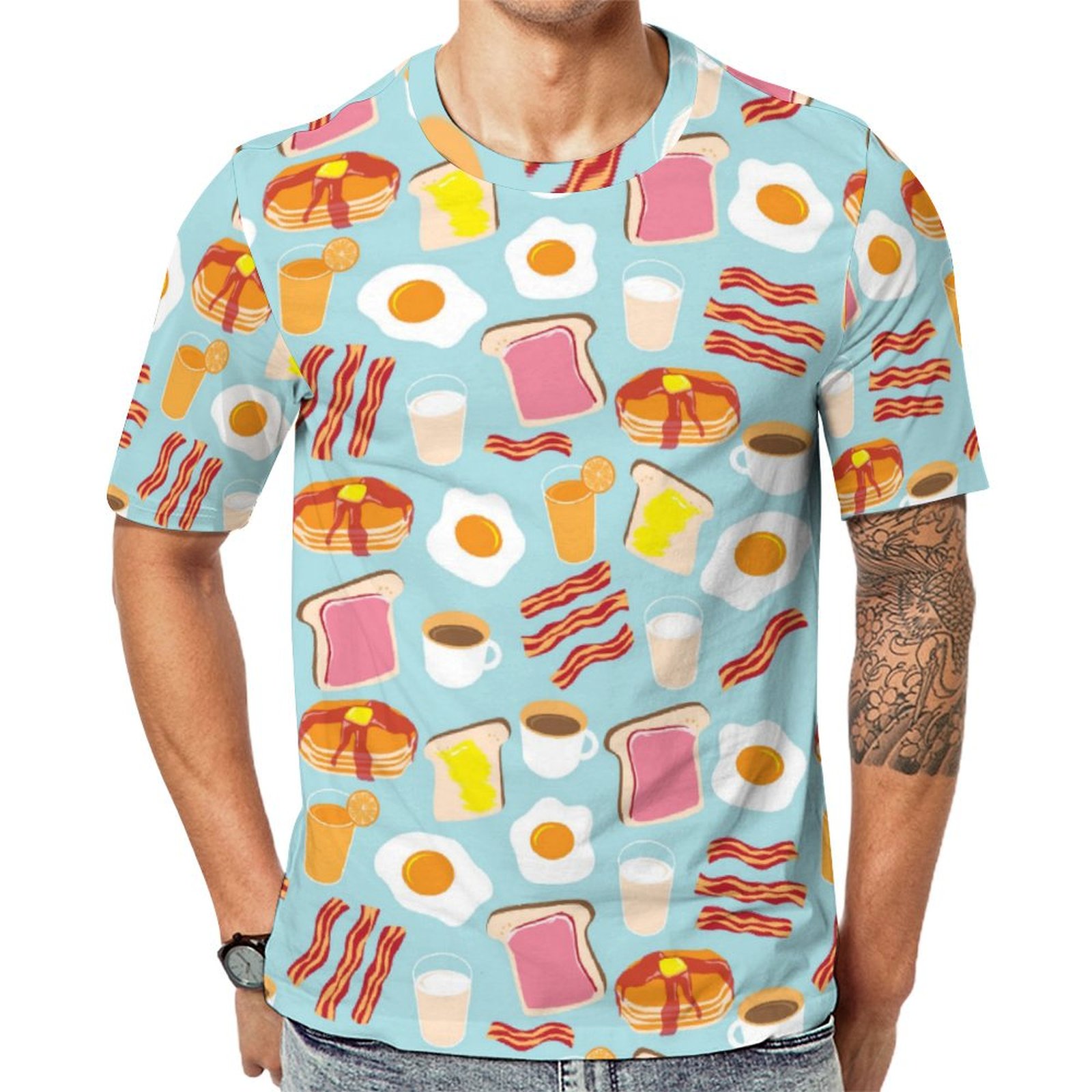 Fun Breakfast Food Illustrations Short Sleeve Print Unisex Tshirt Summer Casual Tees for Men and Women Coolcoshirts