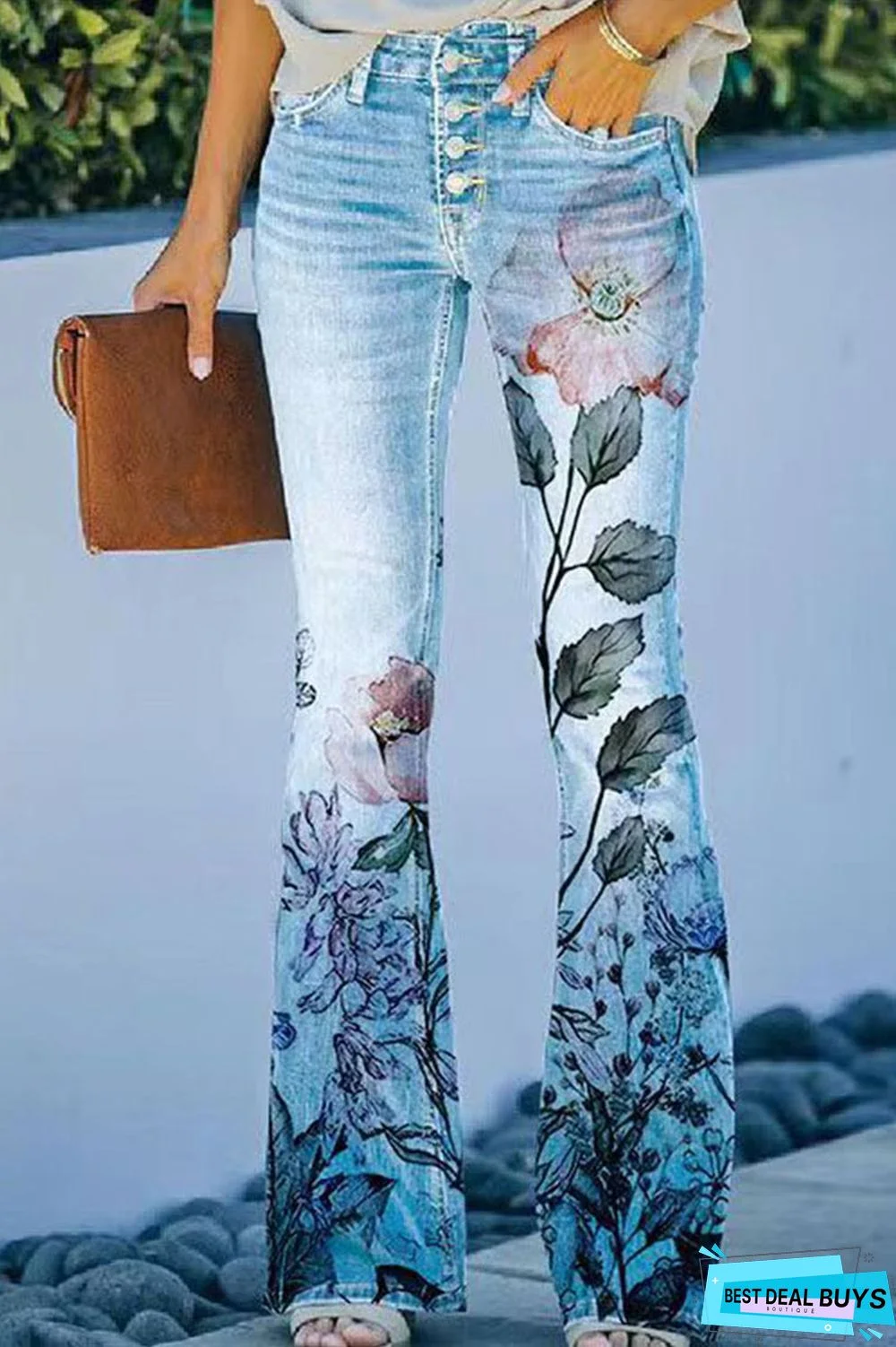 Casual Floral Pocket Regular Denim Jeans