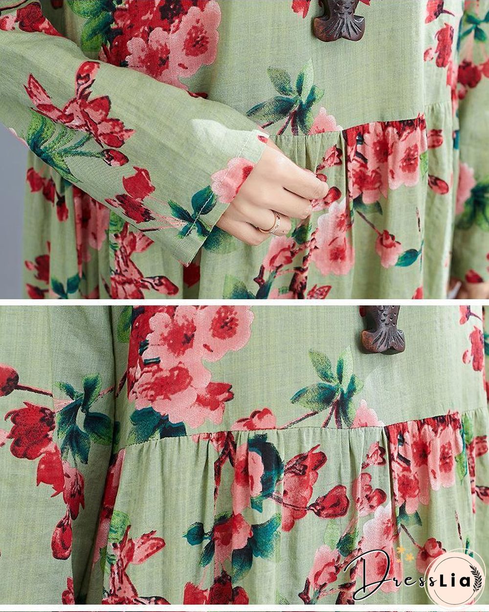 Loose Cotton Linen Printed Long Sleeve Swing Maxi Dress