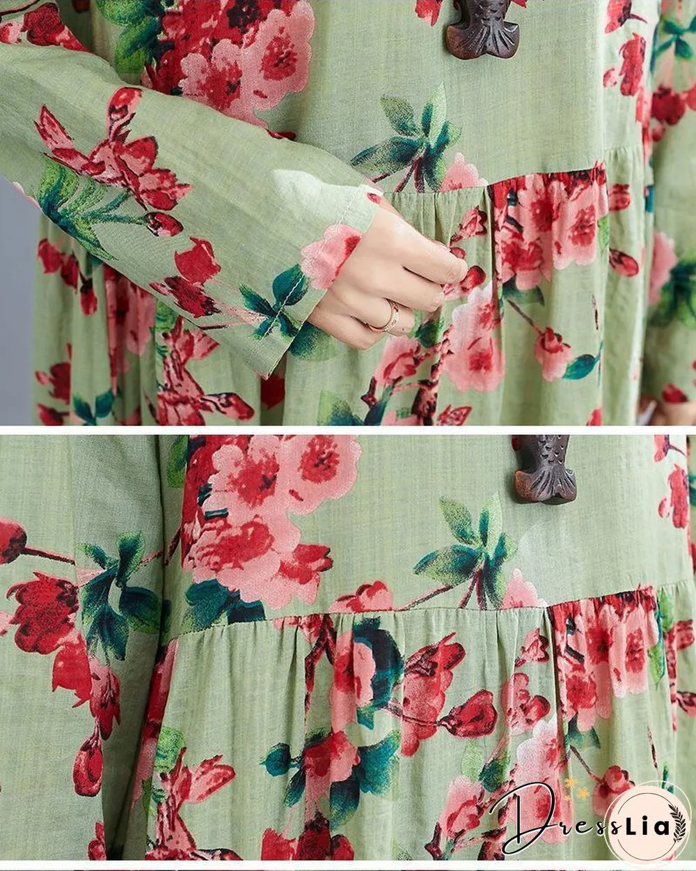 Loose Cotton Linen Printed Long Sleeve Swing Maxi Dress