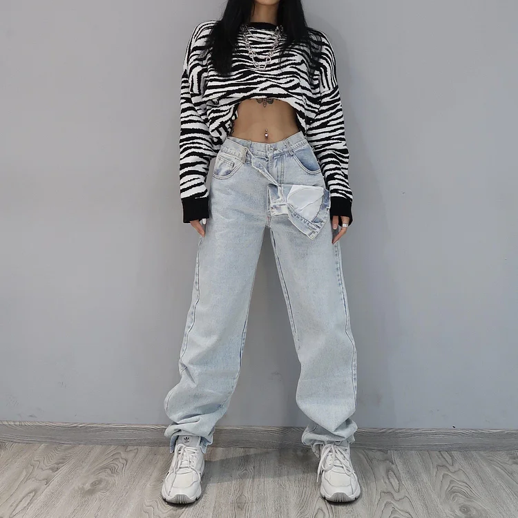 Korean Fashion Double-layer Side Button High Waist Jeans TK108