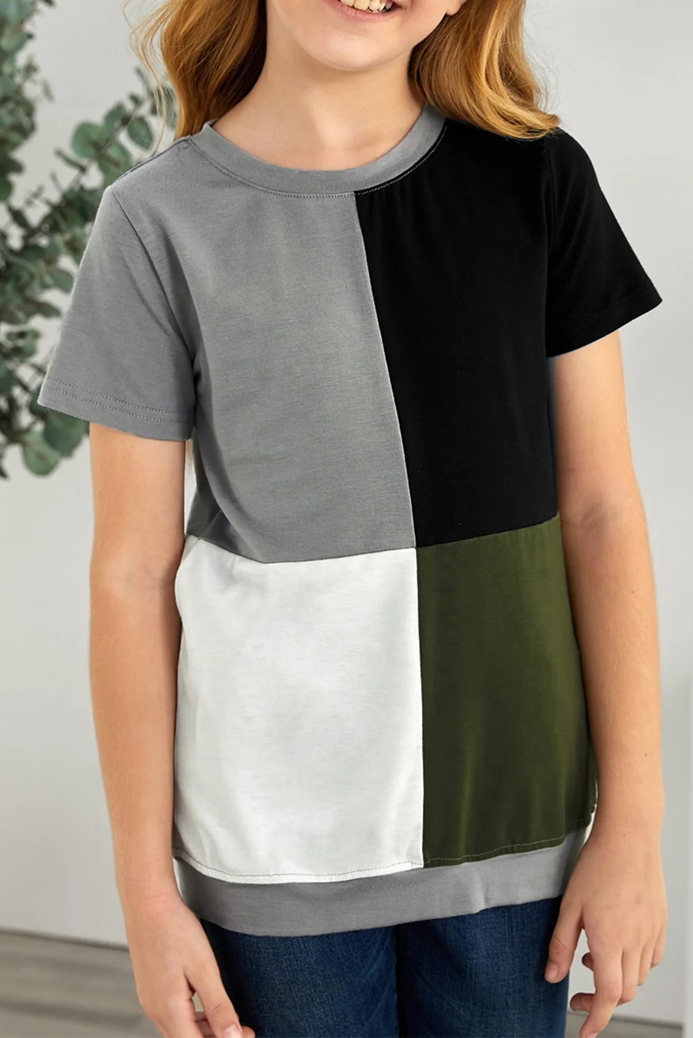 Green Round Neck Color Block Little Girl T-shirt | IFYHOME
