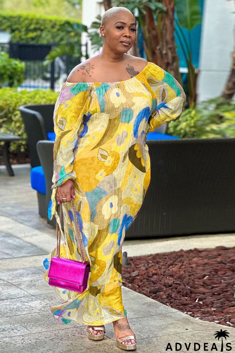 Abstract Floral Print Off Shoulder Long Sleeve Vacation Maxi Dress
