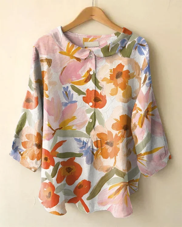 Vintage Long Sleeve Peter Pan Collar Floral Print Shirt