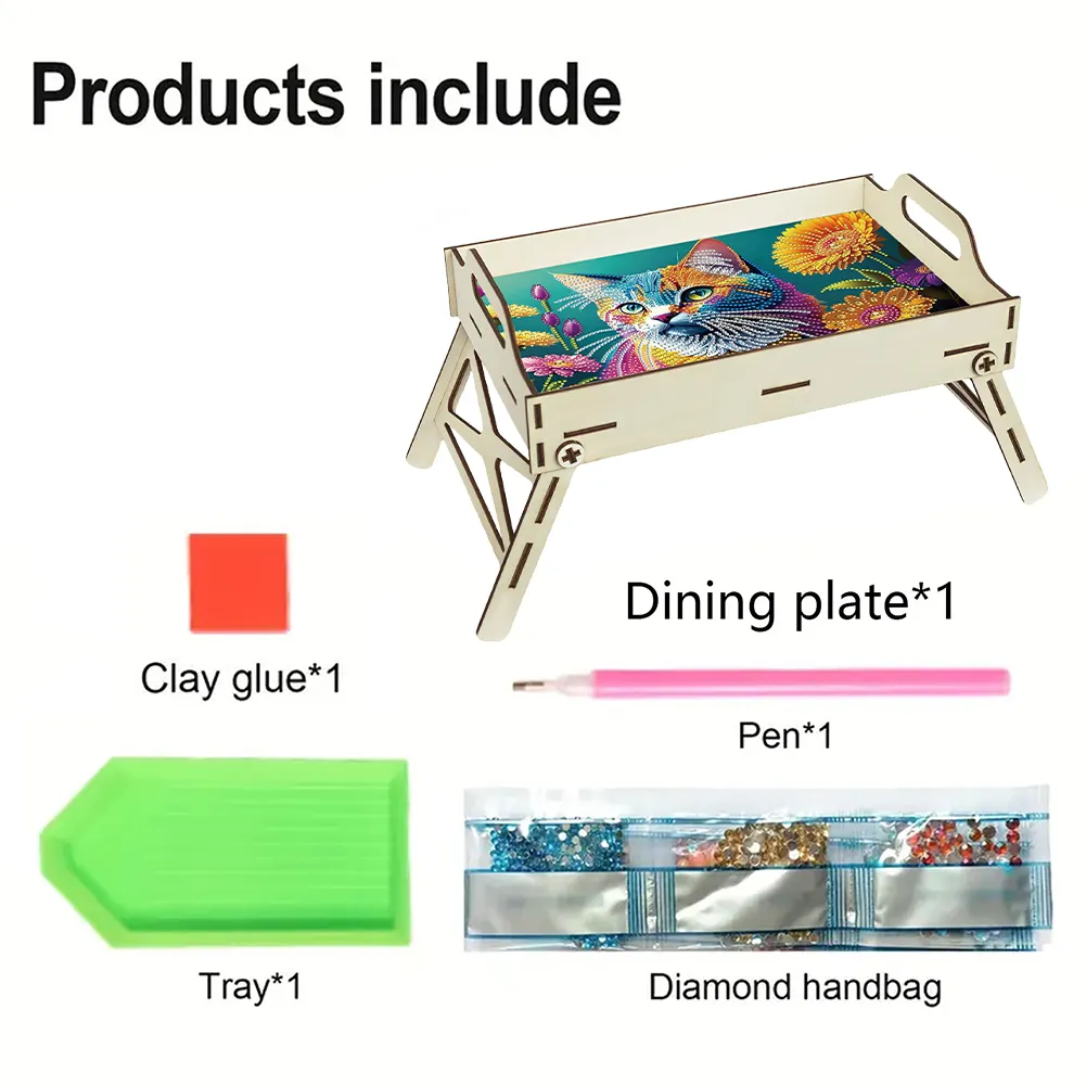 5D DIY Sunflower-Kitten Diamond Painting Serving Tray with Handle for Home Decor