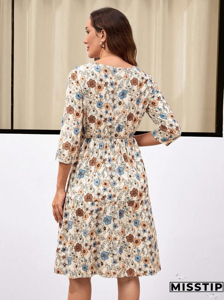 Women's Floral Print Round Neck Ruffled Hem Casual Mini Dress