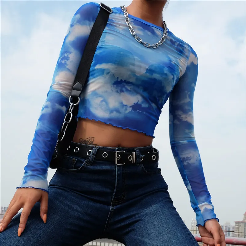 Uveng Uveng Women's Cheruel Print Gauze Short Long Sleeve T-Shirt Top Four-Leaf Clover Print Top