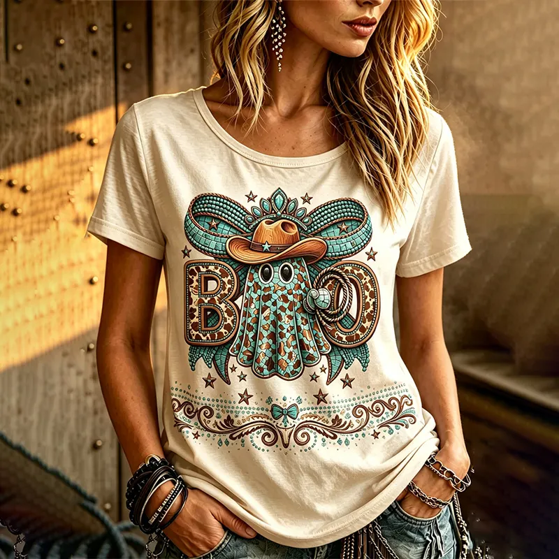 Women's Halloween Bohemian Western Style Cowboy Hat Ghost Short Sleeve Top artswardrobe