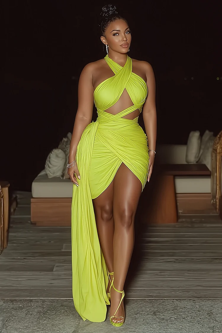 Cross Halter Overlap Wrapped Sash Party Mini Dresses-Green Green-S