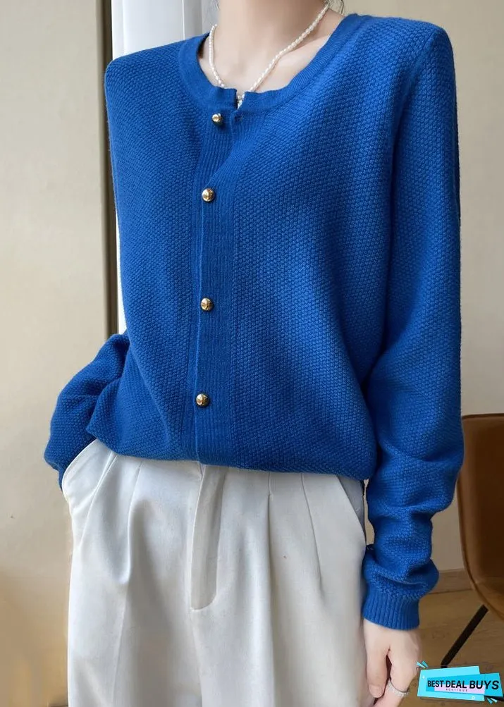 Women Blue O Neck Button Patchwork Cotton Knit Coats Fall