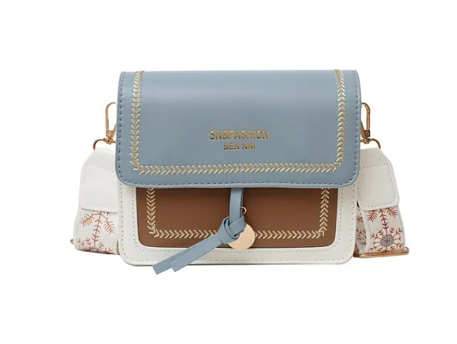 Women&rsquo;s Color Block Crossbody Bag &ndash; Stylish Blue & Brown Shoulder Handbag with Gold-Tone Hardware, Decorative Stitching & Adjustable Strap
