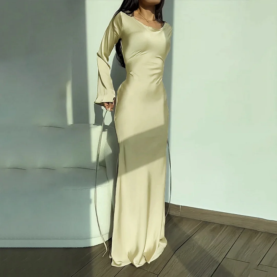 Uveng Uveng New Women's Wear Elegant Sexy Waist Round Collar Long Sleeves Slim Winter Dress