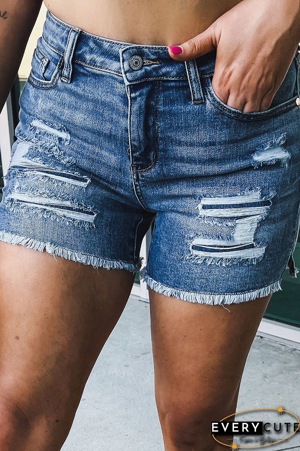 Sky Blue Distressed High Waist Plus Size Denim Shorts