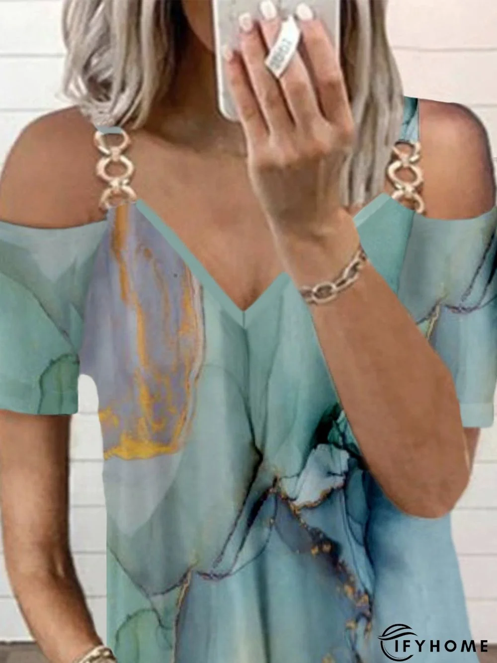 Abstract Printed Casual V Neck Short Sleeve Casual Tunic T-Shirt | IFYHOME