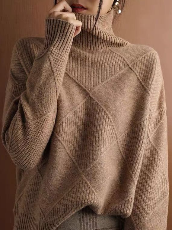 Women's Long Sleeve Turtle Neck Plaid Knit Seawter Tops