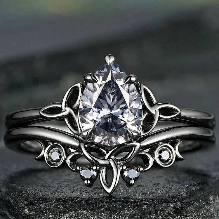 FREE Today: Vintage Celtic Knot Pear Gray Moissanite Ring Set