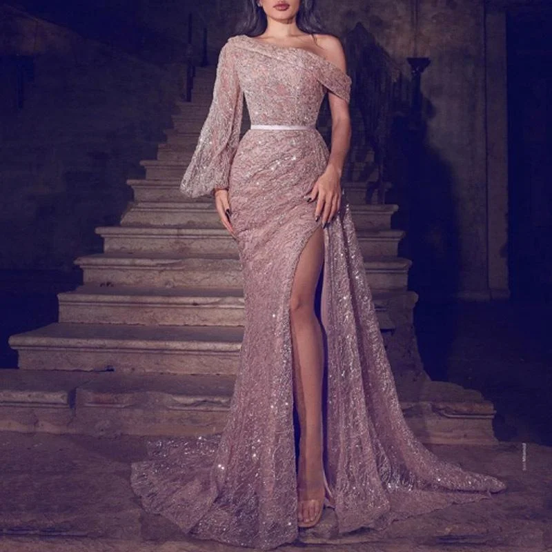 Zachics One shoulder puff sleeve high slit sequin gown evening dress-zachics