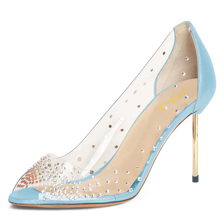 Women's Clear Heels Rhinestone Peep Toe Pumps Shoes in Blue |FSJ Shoes