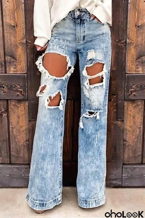 Acid Wash Distressed Wide Leg Jeans