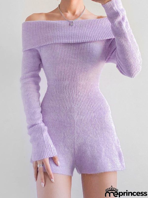 Long Sleeves Skinny Solid Color Off-The-Shoulder Rompers