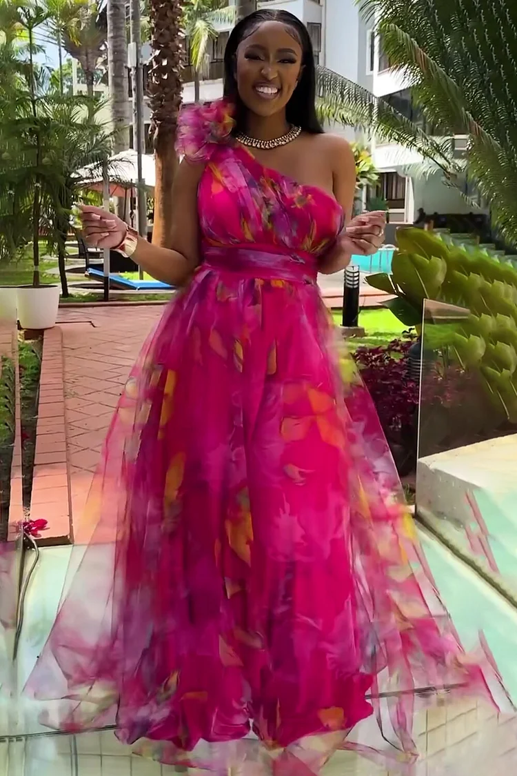 One Shoulder Rosette Floral Print Mesh Party Maxi Dresses-Fuchsia [Pre Order]