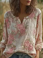 Bohemian Retro Countryside Style Plant Flower Design Cotton And Linen Women's Long-sleeve Shirt