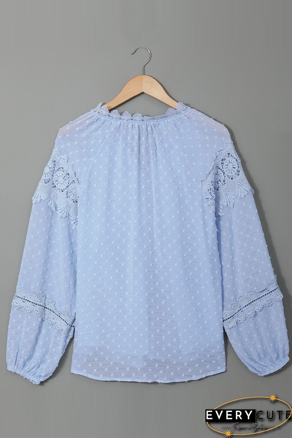 Sky Blue V Neck Lantern Sleeve Lace Hollow Out Top