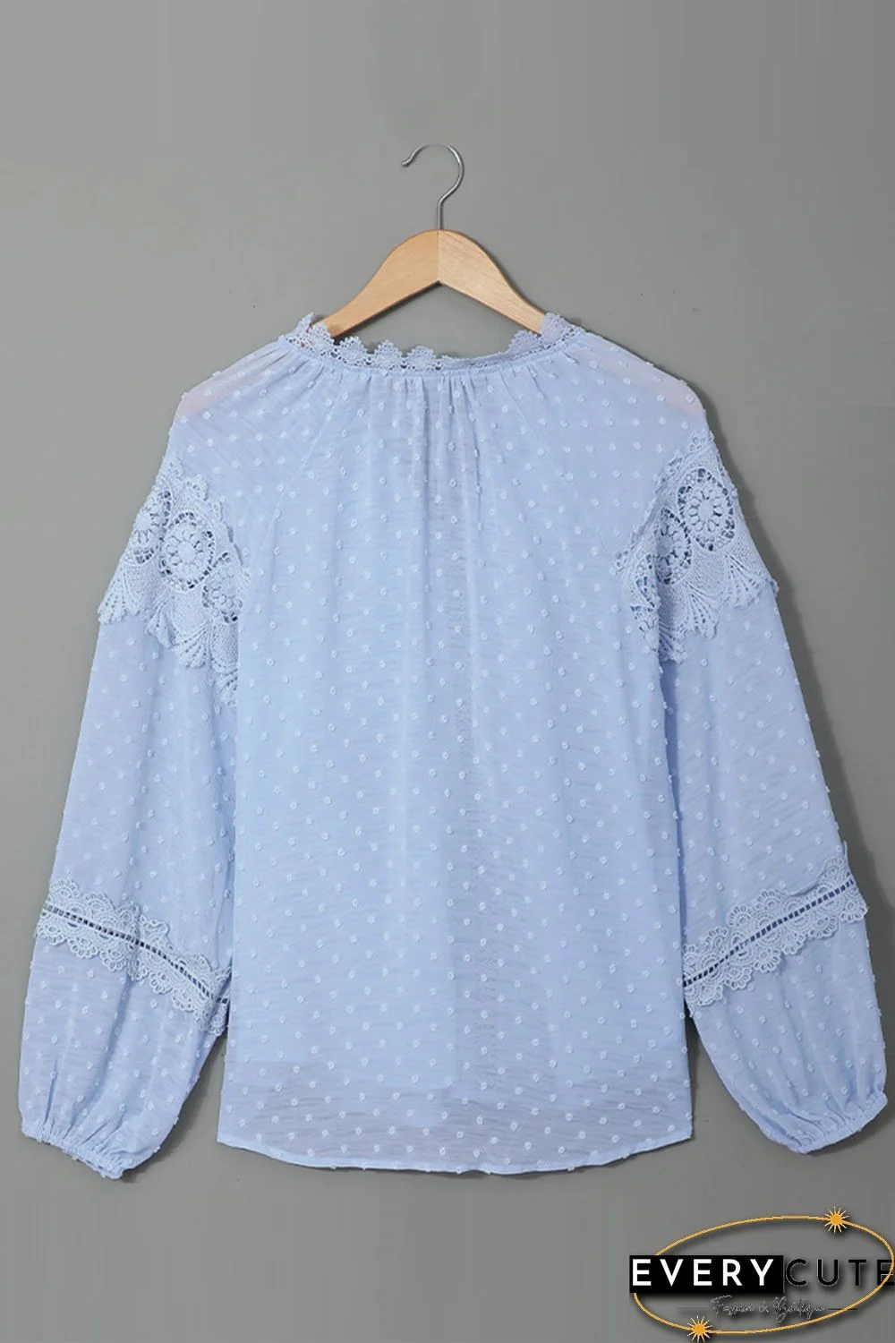 Sky Blue V Neck Lantern Sleeve Lace Hollow Out Top