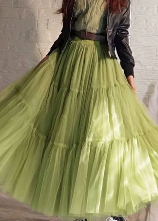 Unique Green Wrinkled Patchwork Tulle Skirt Summer