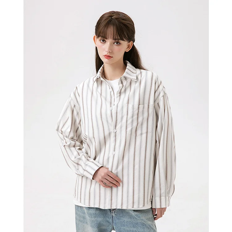 Vintage Long Sleeve Loose Striped Shirt