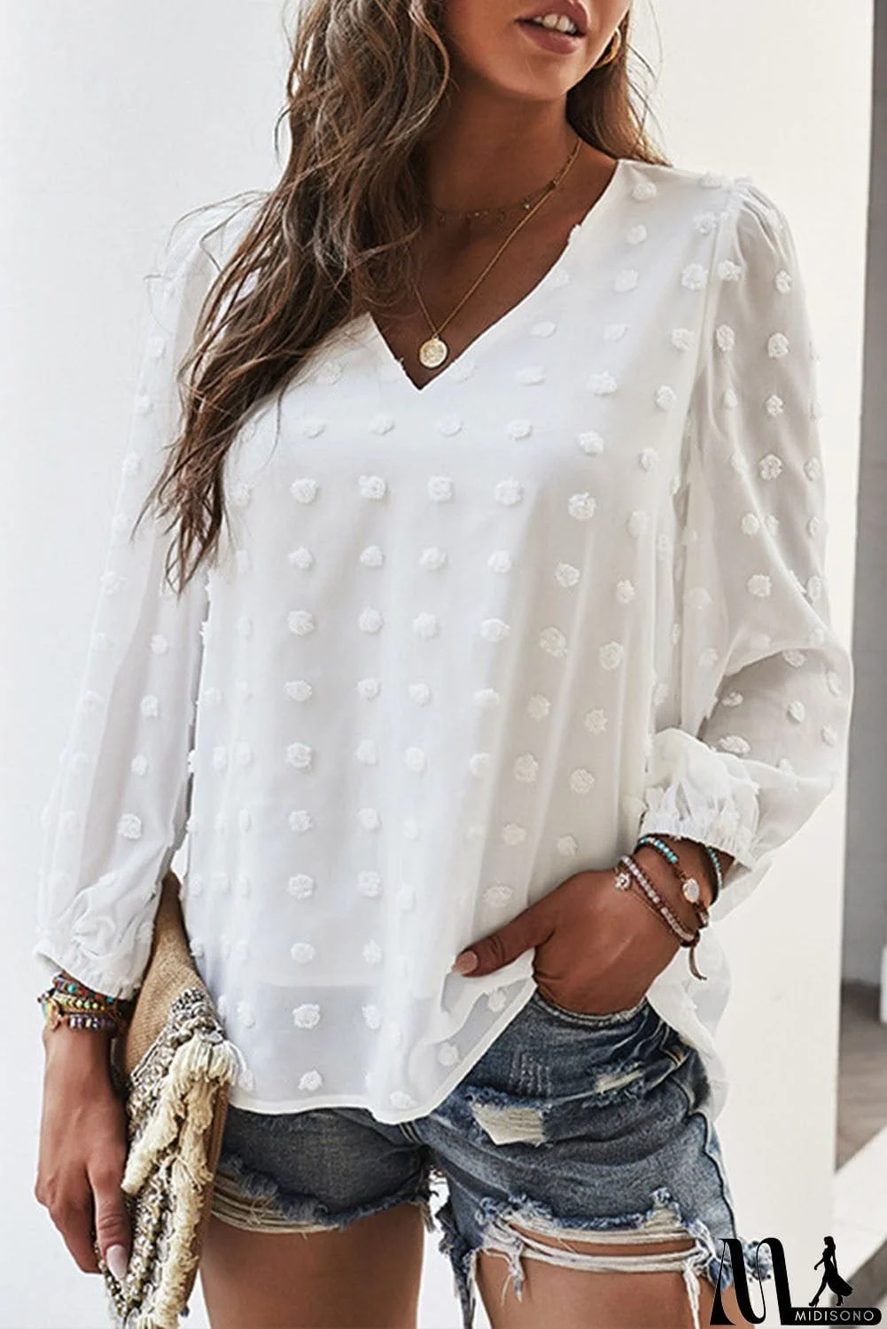 MidiSono - Swiss Dot Bubble Sleeve Blouse