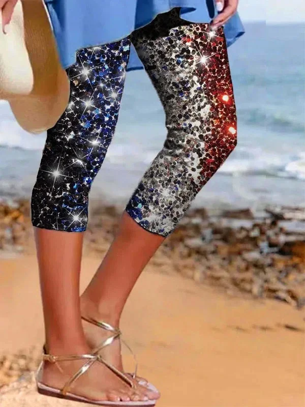 Women's Independence Day Star Stripes Print Cropped Leggings