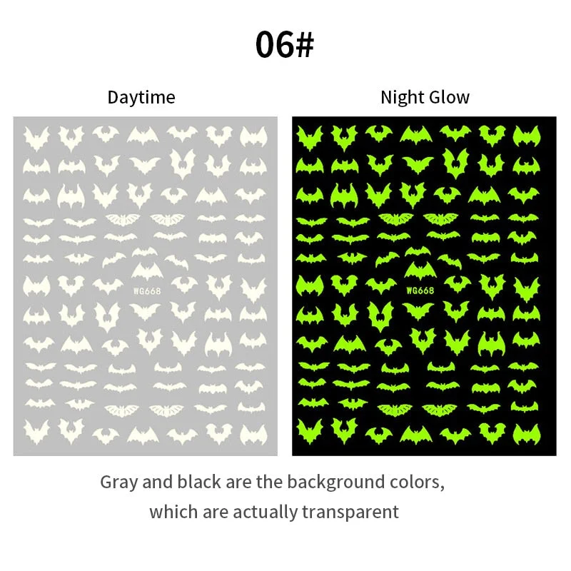 1PC Halloween Luminous 3D Nail Stickers Glowing In Dark Pumpkin Ghost Spider Web Party Design DIY Decals Slider Nail Decortion