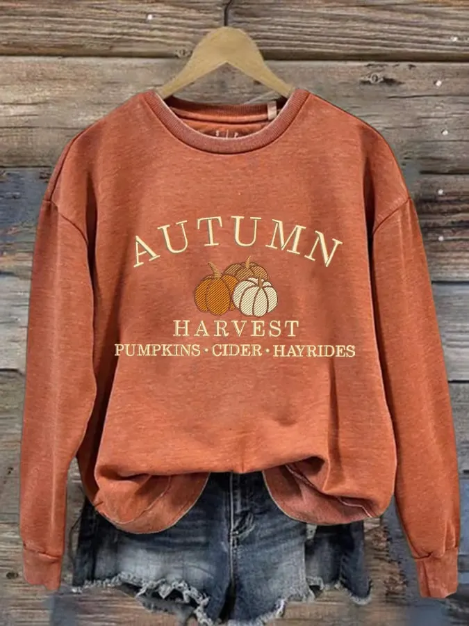 Women's Autumn Harvest Pumpkin Print Round Neck Sweatshirt 