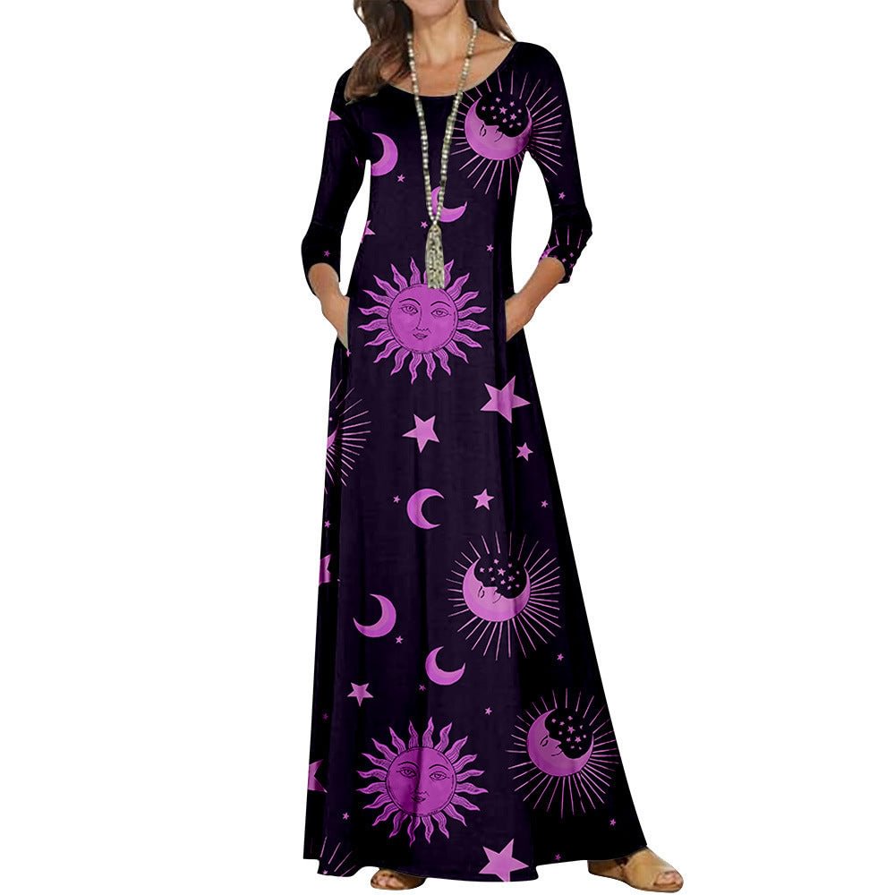 Round Neck Long Sleeve Dress Sun Starry Sky Large Size Clothing One Piece Ion